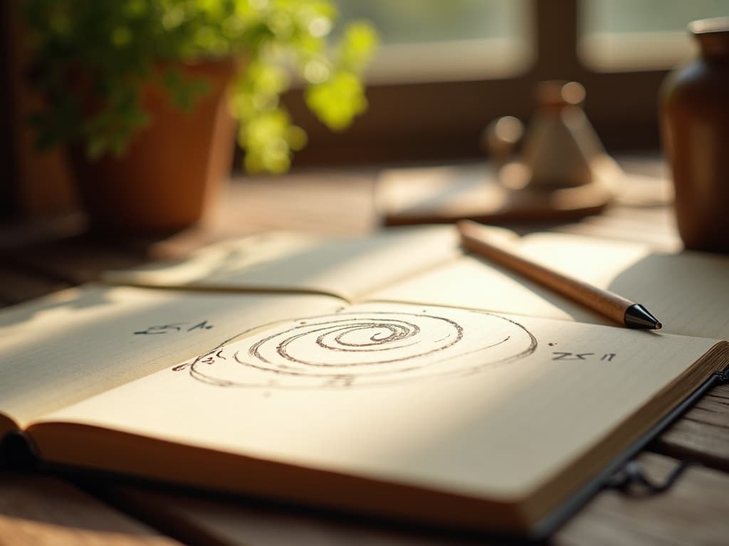 Notebook ouvert avec une spirale et des chiffres dessinés à la main, lumière chaude du matin