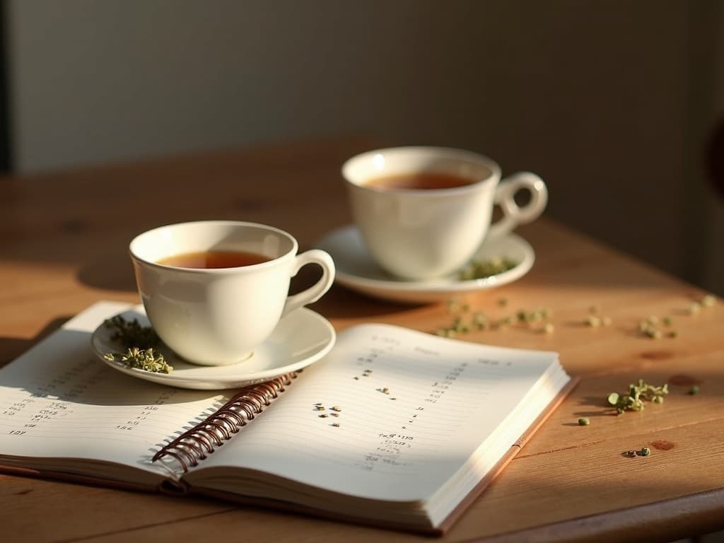 Deux tasses de thé et un carnet ouvert avec des chiffres sur une table en bois, lumière chaude et douce